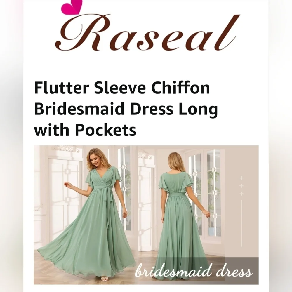 Raseal Flutter Sleeve Chiffon Bridesmaid Dress with Pockets In CORAL #1013 - Picture 7 of 7